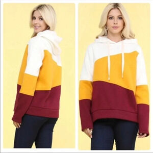 Doublju Color Block Hoodie Sweatshirt — Mustard Maroon Cream Pullover, Sz large